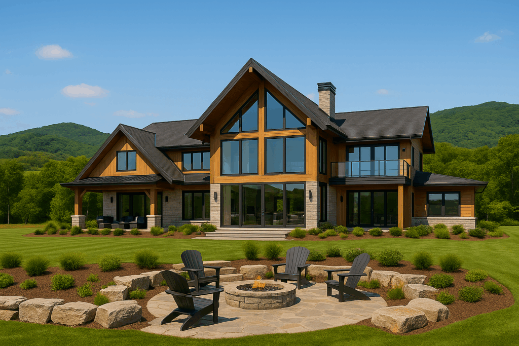 Custom steel-framed home in Ontario with timber-style finishes and outdoor fire pit, designed by Steel Structure Homes.