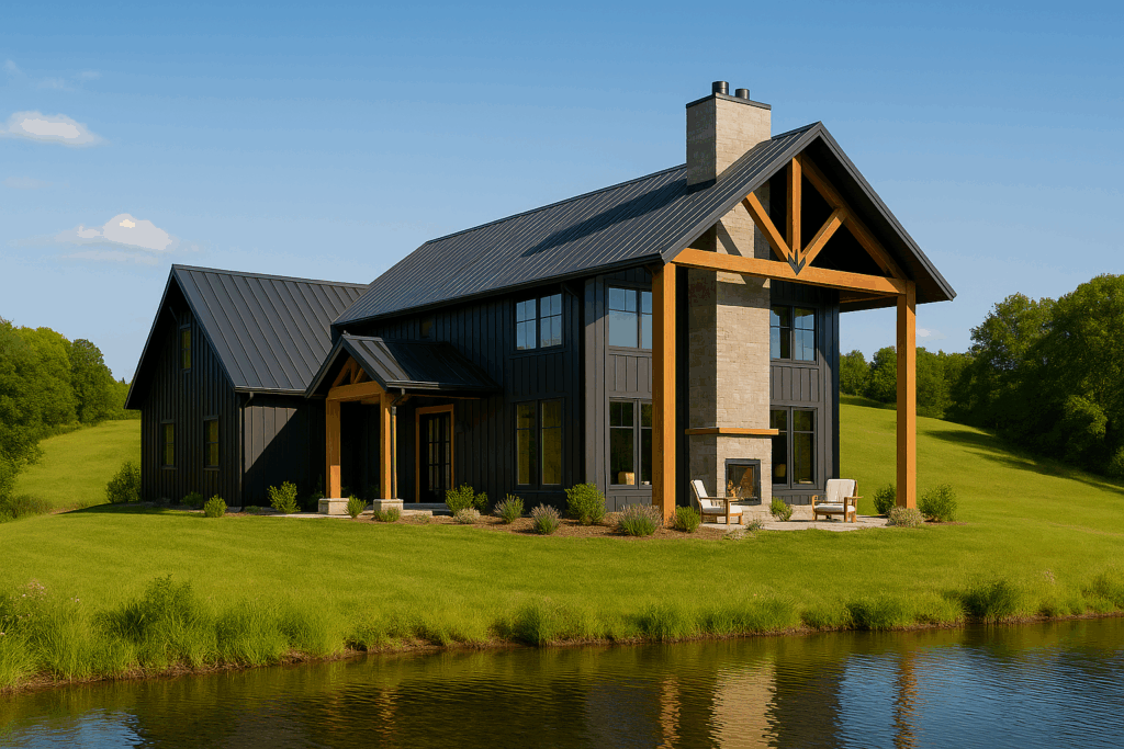 Modern steel-framed custom home by Steel Structure Homes in Ontario, overlooking a scenic pond on a sunny day.