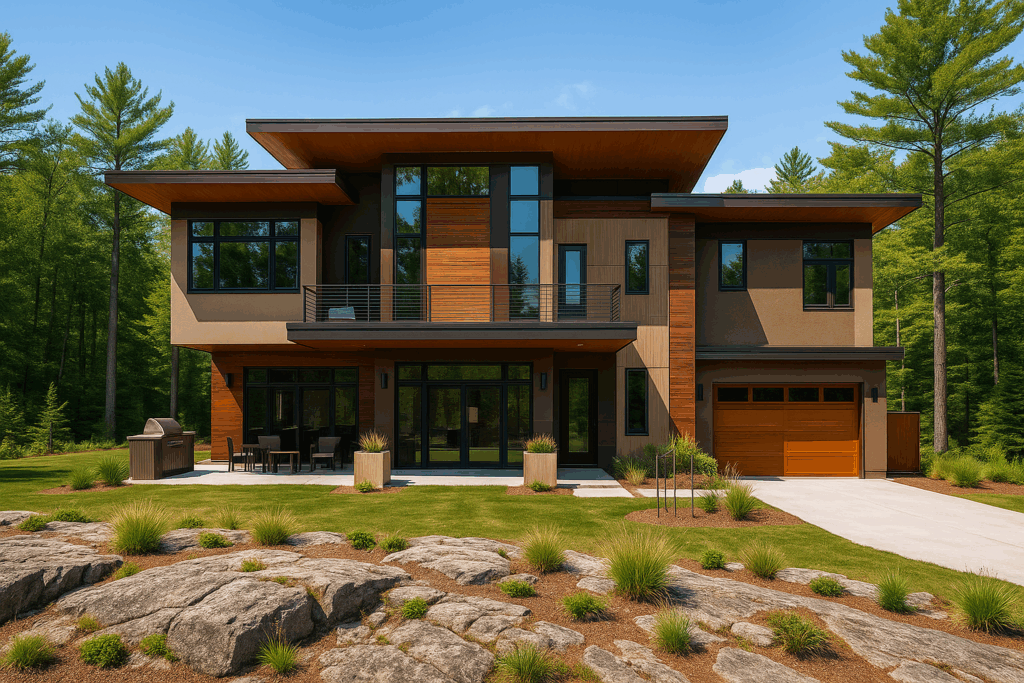 Modern steel-framed home by Steel Structure Homes set in Ontario with earth-toned finishes and natural Muskoka landscape.
