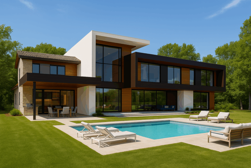 Modern steel-framed luxury home with poolside living in Ontario, designed by Steel Structure Homes.
