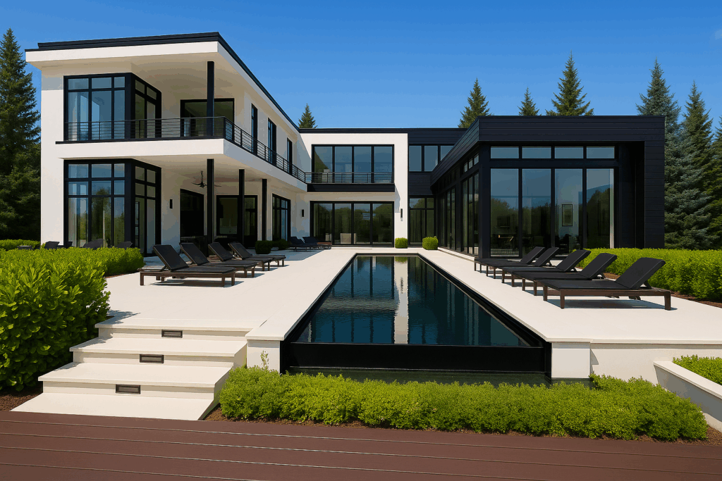 Contemporary steel-framed home in Ontario by Steel Structure Homes featuring black accents, pine trees, and a modern poolside layout.