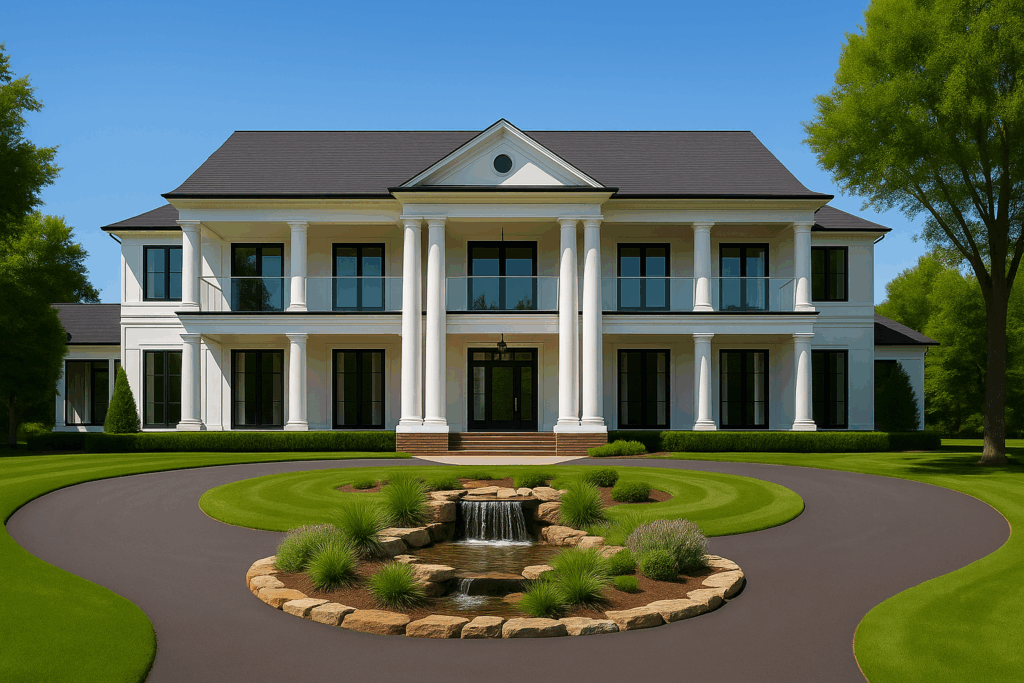Colonial-style steel-framed home in Ontario with glass balcony railings, designed by Steel Structure Homes.