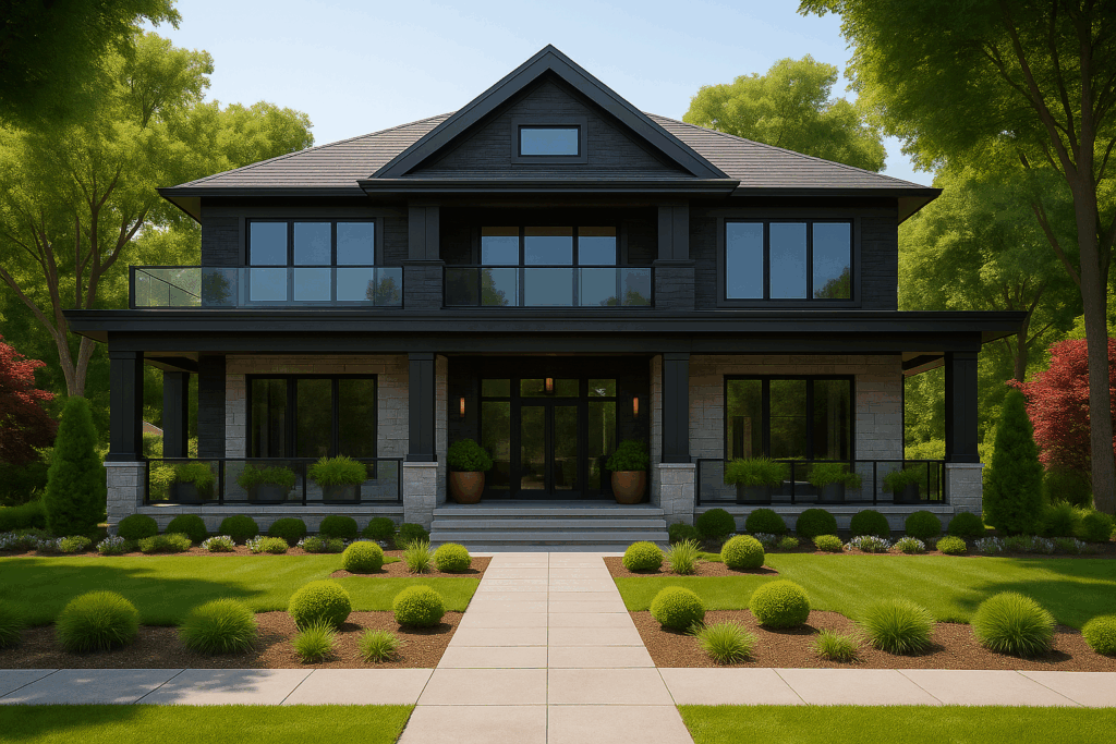 Modernized colonial-style steel home in Ontario with tinted windows, glass railings, and black trim, designed by Steel Structure Homes.