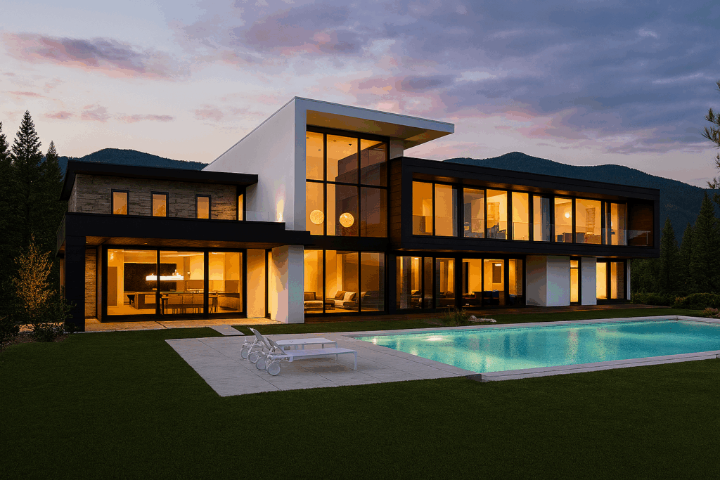 Luxury modern steel custom home in Quebec built by Steel Custom Home Builders in Quebec, featuring a private pool and panoramic glass facade.