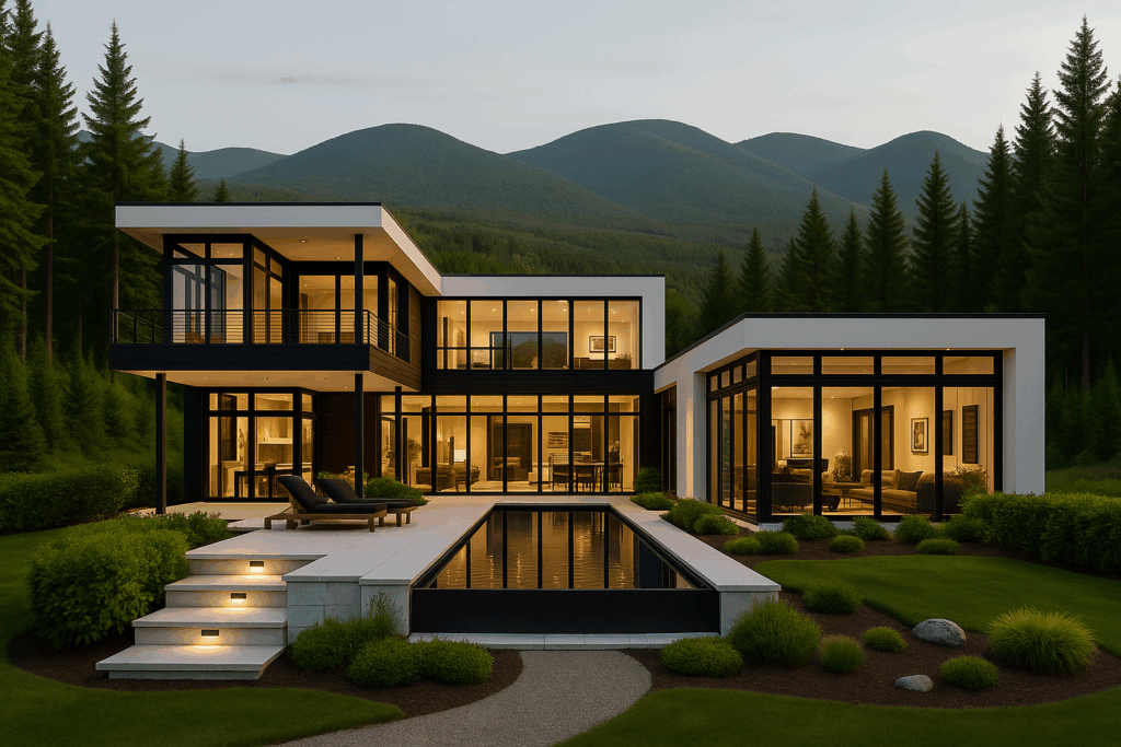 Luxury modern steel custom home in Quebec with central courtyard pool, designed by Steel Custom Home Builders in Quebec.