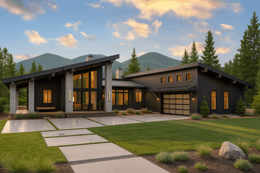 Modern mountain-style steel custom home in Quebec designed by Steel Custom Home Builders in Quebec, featuring dramatic rooflines and wood accents.