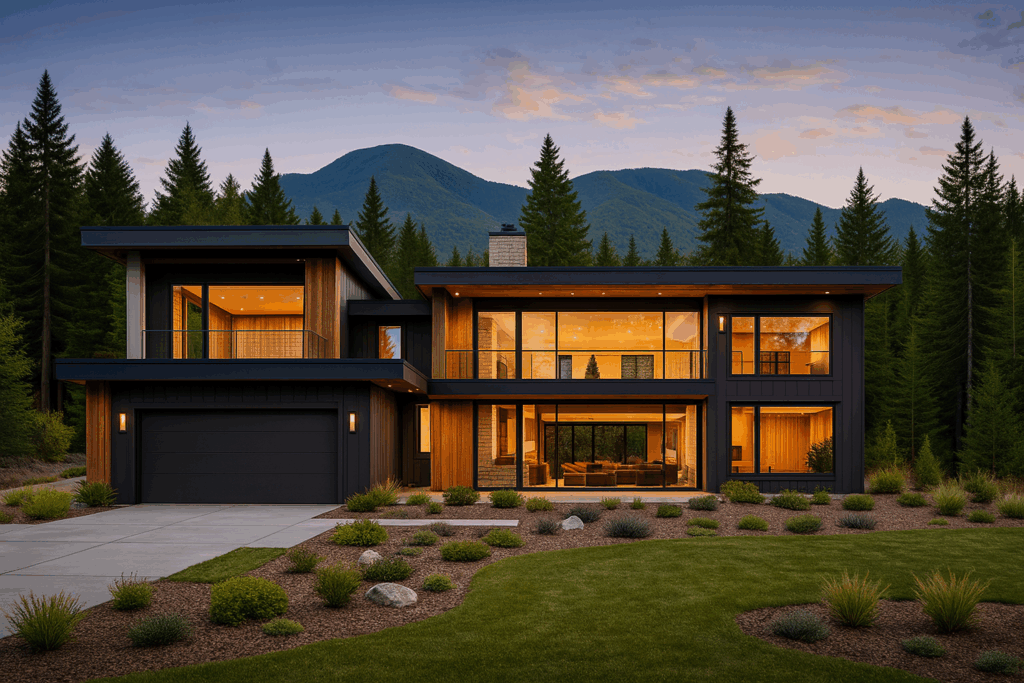 Two-storey luxury steel custom home in Quebec designed by Steel Custom Home Builders in Quebec with timber accents and panoramic forest views.