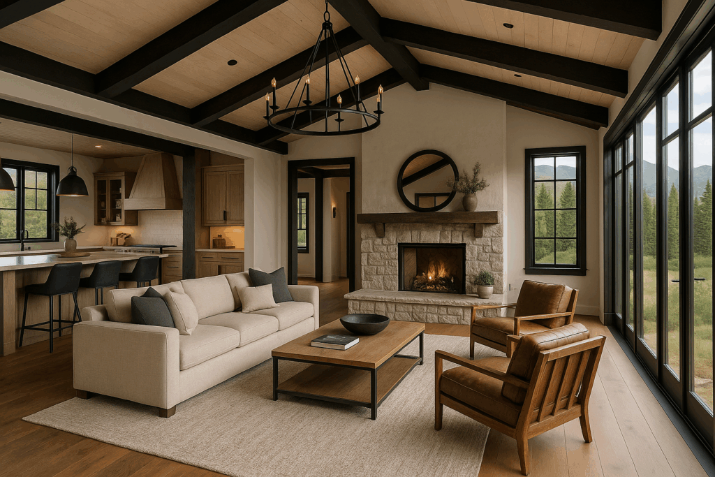 Interior of a modern steel custom home in Quebec with open-concept living room, exposed beams, and fireplace by Steel Custom Home Builders in Quebec.