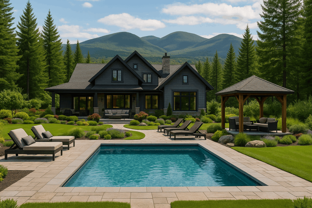 Luxury backyard of a steel-framed custom home in Quebec with a pool and landscaped garden by Steel Custom Home Builders in Quebec.