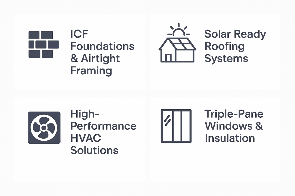 High-performance building features for Steel Custom Home Builders in Quebec, including ICF foundations, airtight framing, solar-ready roofs, high-efficiency HVAC systems, and triple-pane insulation