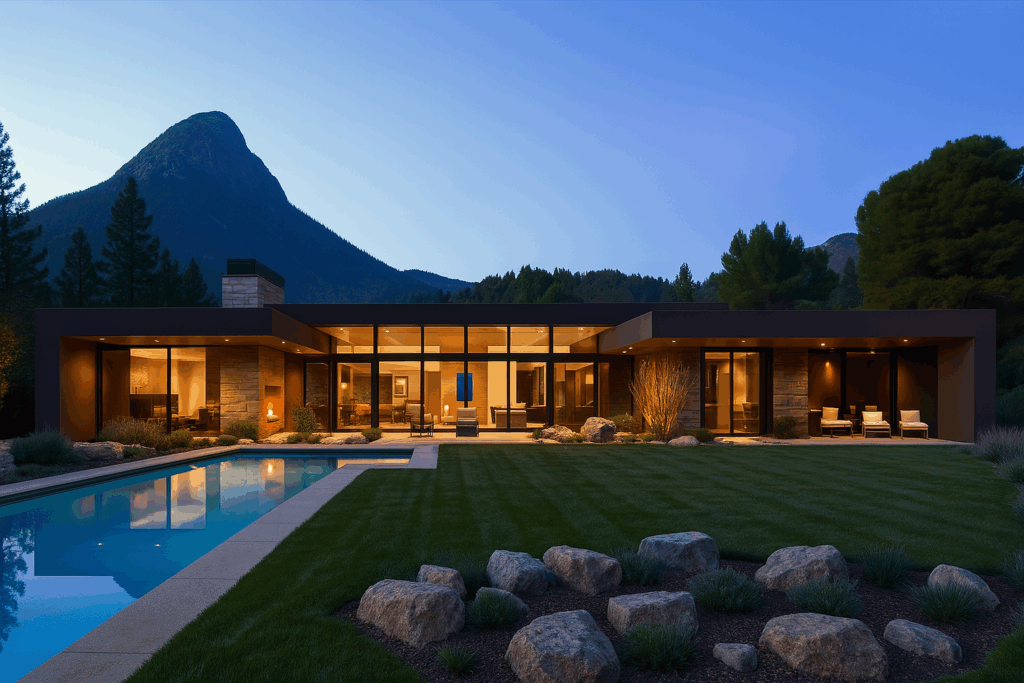 Luxury steel-framed custom home with pool built by Steel Custom Home Builders in Quebec, set against mountain landscape.