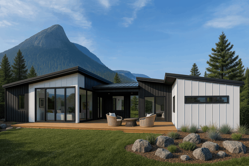 Single-storey modern steel home designed by Steel Custom Home Builders in Quebec, featuring alpine-inspired architecture and panoramic views.
