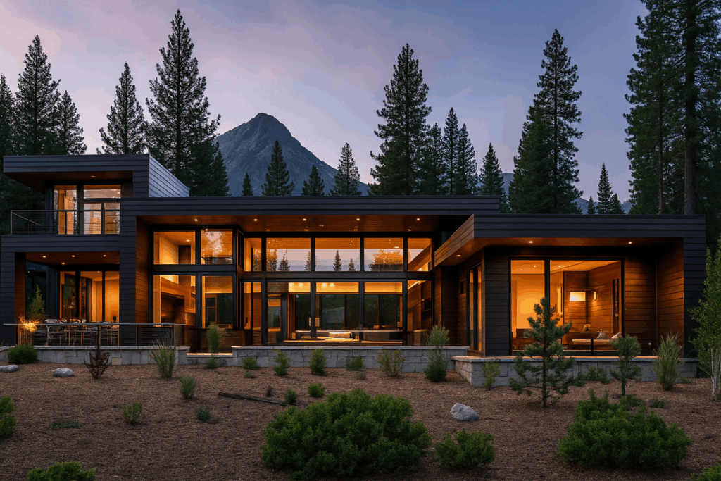 Contemporary steel custom home in Quebec at dusk, designed by Steel Custom Home Builders in Quebec with floor-to-ceiling glass and warm interior lighting.