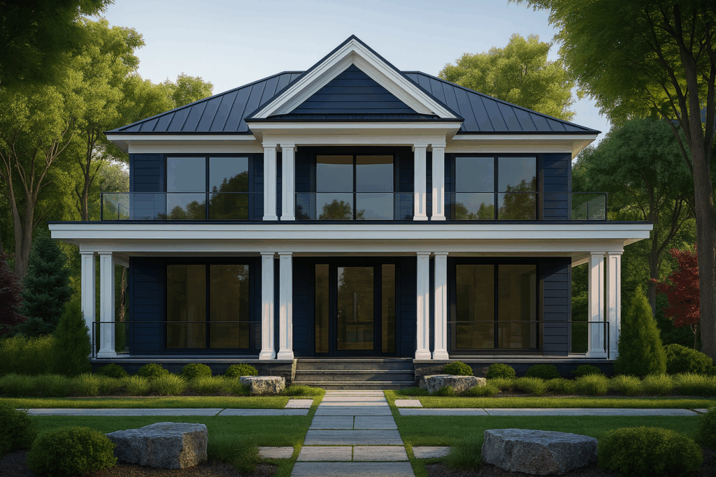 Two-storey steel-framed custom home designed by Steel Custom Home Builders in Quebec, surrounded by manicured landscaping.