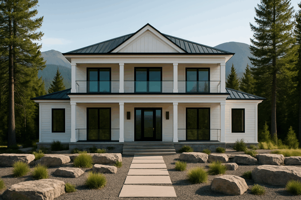 Colonial-style steel custom home built in Quebec by Steel Custom Home Builders in Quebec, framed by mountains and forest.