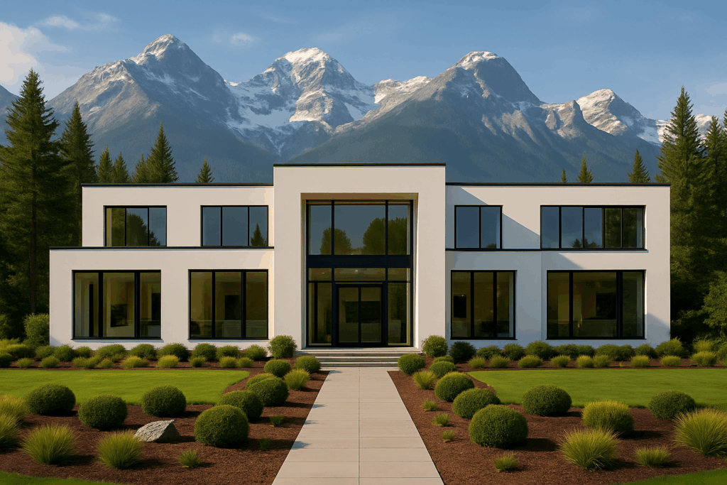 Steel home builders in Alberta – modern custom steel-framed home with Rocky Mountain backdrop
