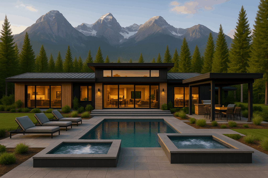 Steel home builders in Alberta – luxury custom steel home with modern pool and mountain views