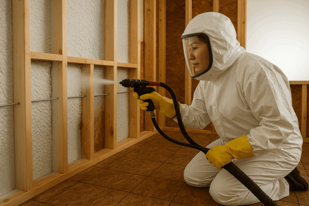 Steel home builders in Alberta – spray foam insulation applied to wall framing for energy-efficient construction