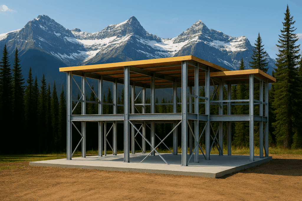 Steel home frame under construction in Alberta by custom steel home builders in Alberta