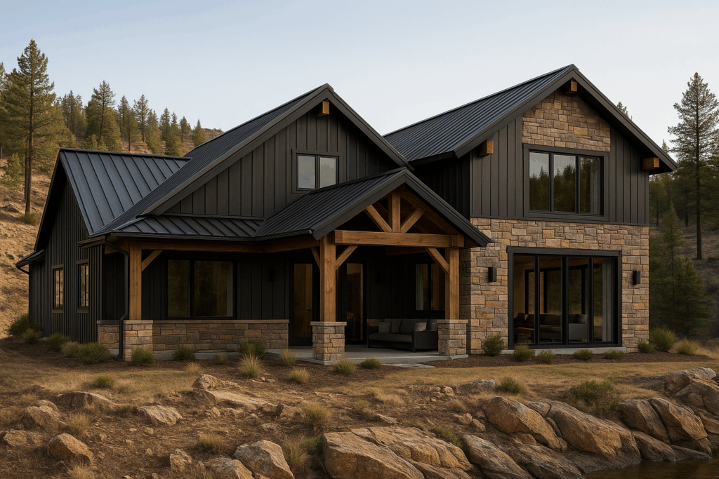Modern steel-framed custom home in Ontario with black siding and timber accents – built by Steel Home Builders in Ontario.