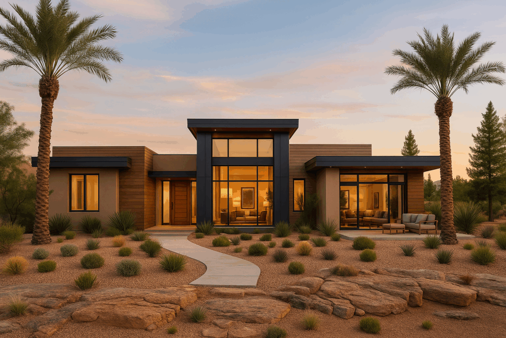 Modern steel custom home in Ontario with desert-style landscaping – designed by Steel Home Builders in Ontario.