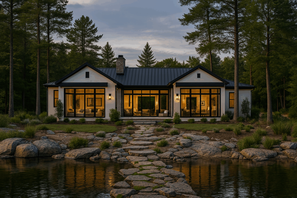 Custom lakefront steel home at dusk, designed by Steel Home Builders in Ontario with energy-efficient framing.