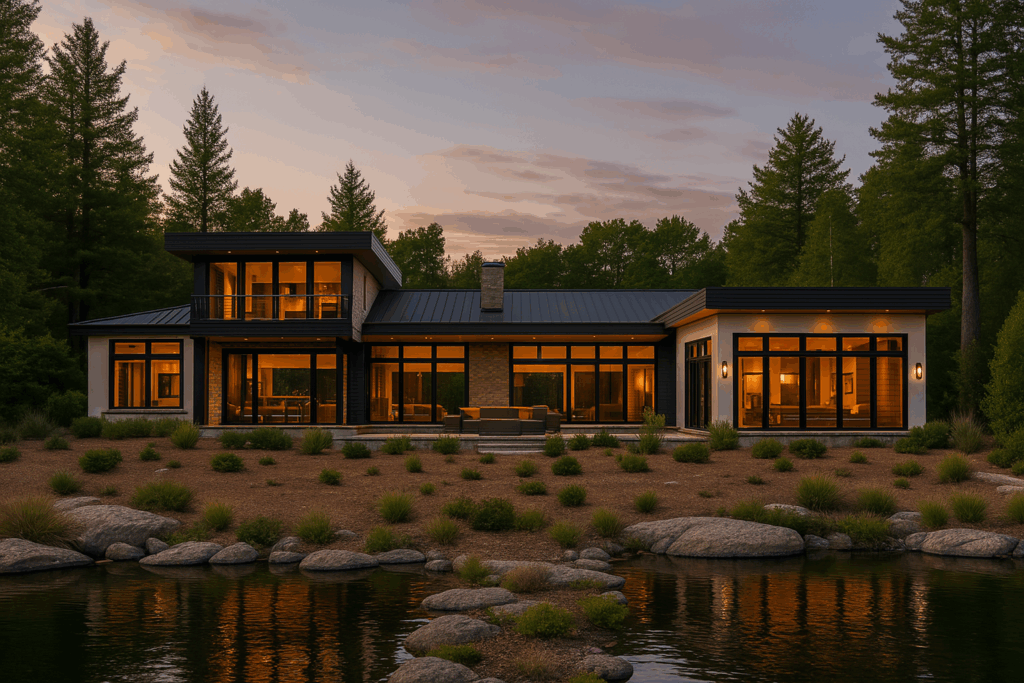 Modern steel-framed home at sunset, built by Steel Home Builders in Ontario on a tranquil lakeside lot.