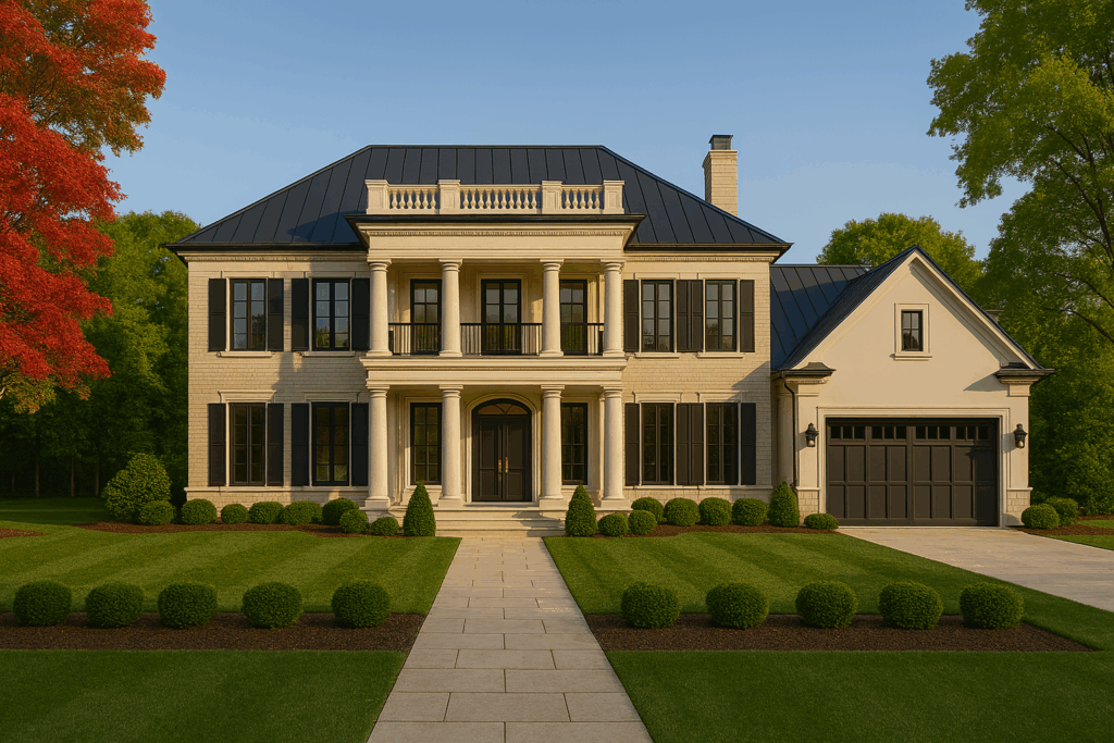 Luxury steel-framed estate home with classical architecture by Steel Home Builders in Ontario.