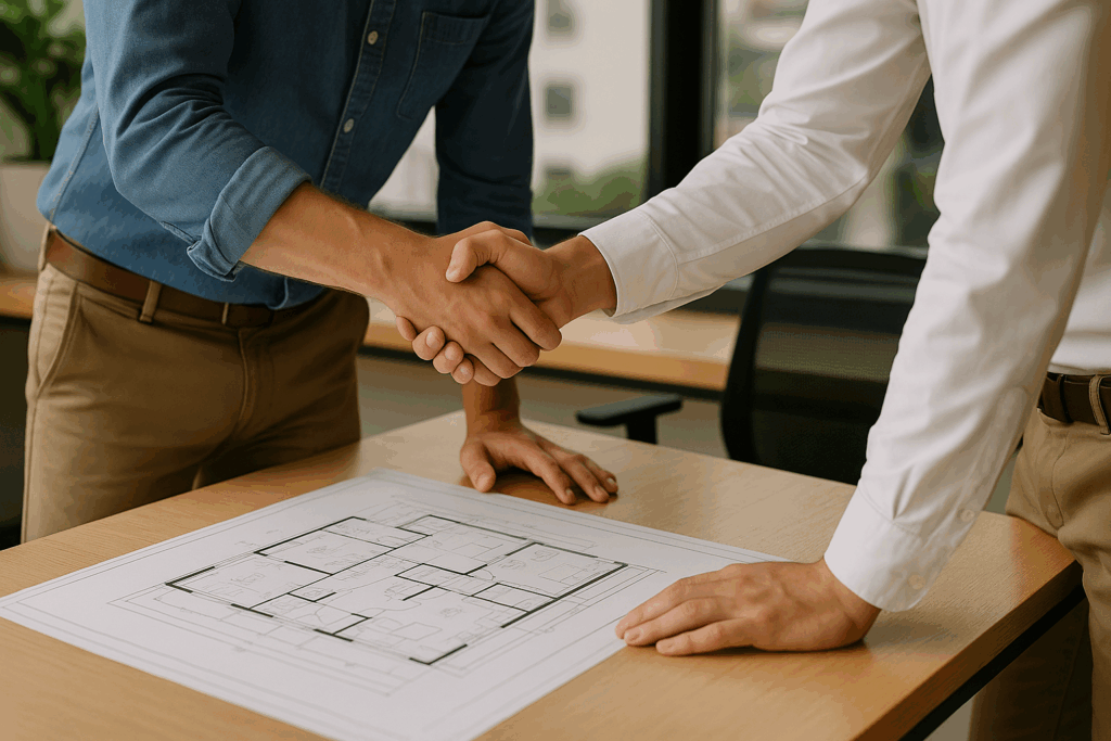 Client shaking hands with steel home builders in British Columbia over custom home plans