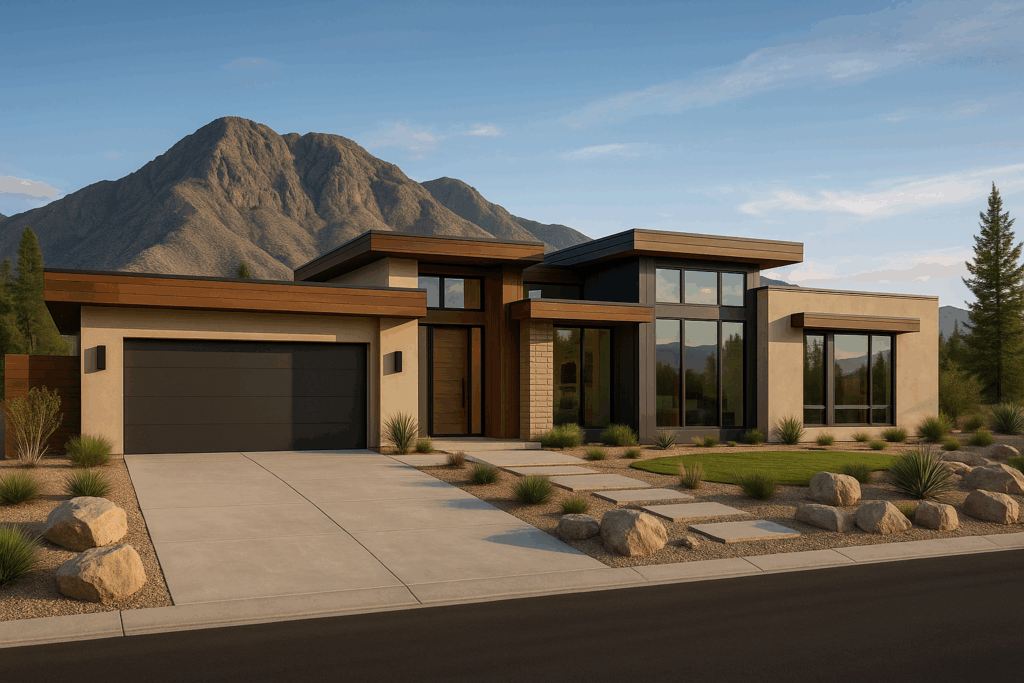 Modern custom steel home with flat roof and desert landscaping built by steel home builders in British Columbia