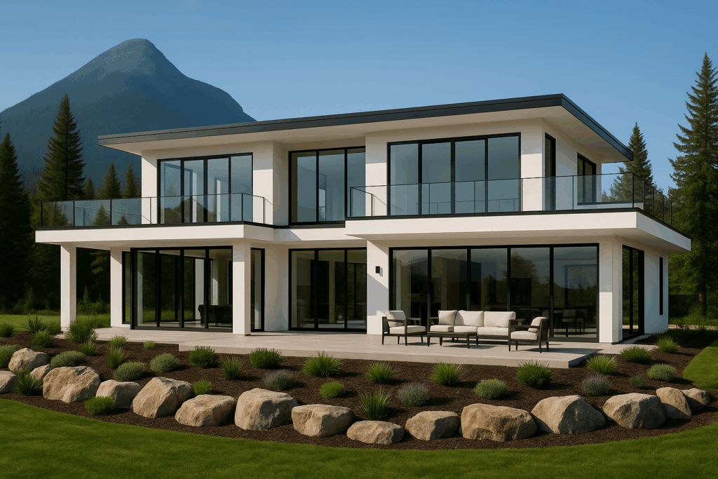 Modern two-storey custom steel home with glass railings built by steel home builders in British Columbia