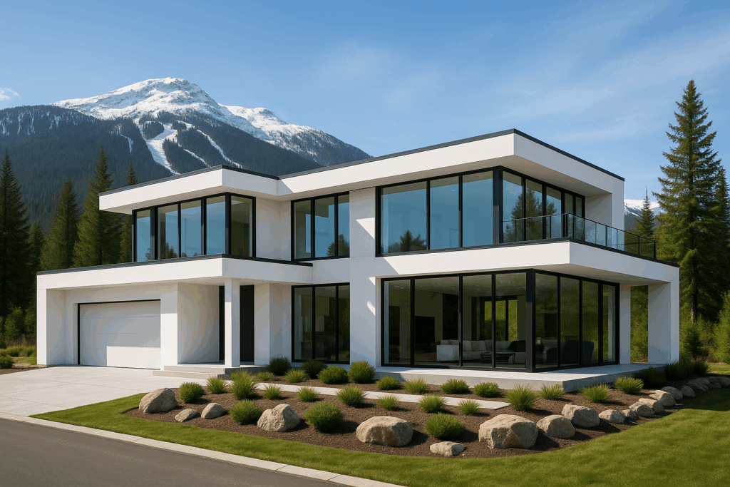 Luxury modern two-storey steel-framed home in Whistler with glass railings and panoramic mountain backdrop – Steel Home Builders in British Columbia