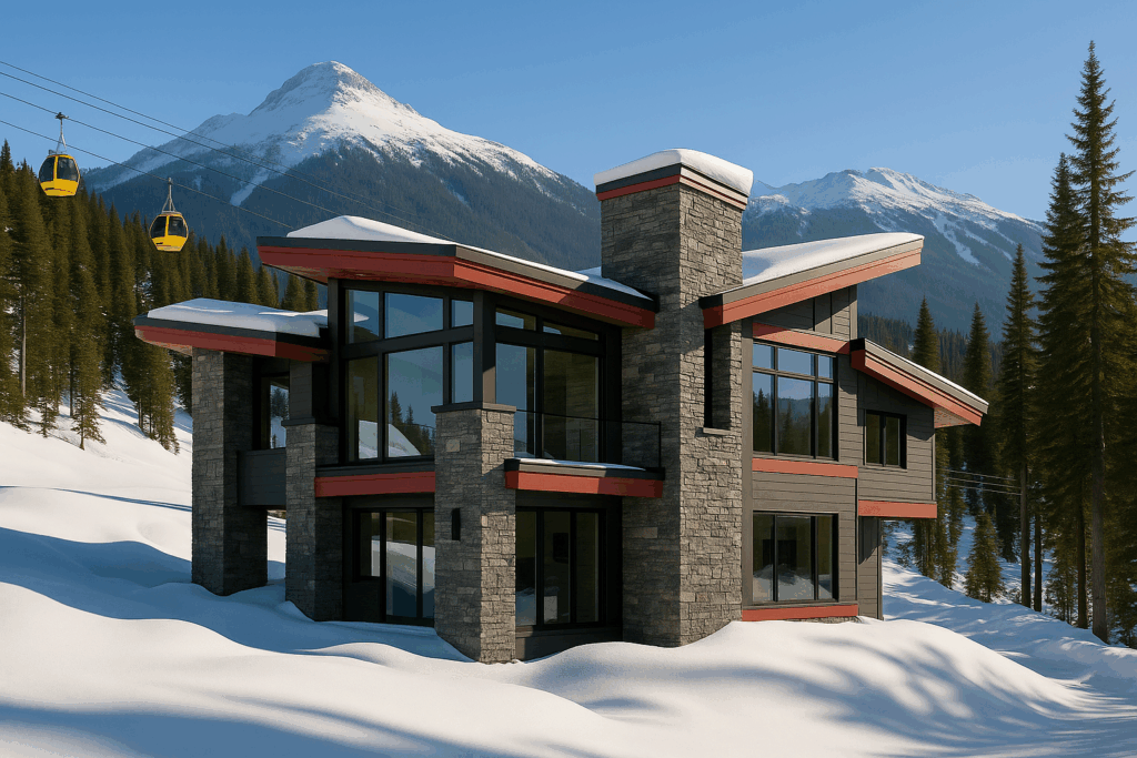 Modern ski chalet-style steel-framed custom home in Whistler, British Columbia with stone accents and panoramic mountain views – Steel Home Builders in British Columbia