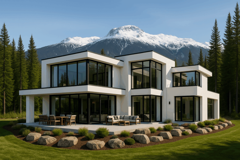 Contemporary white steel-framed luxury home with panoramic glass in Whistler, British Columbia – Steel Home Builders in British Columbia