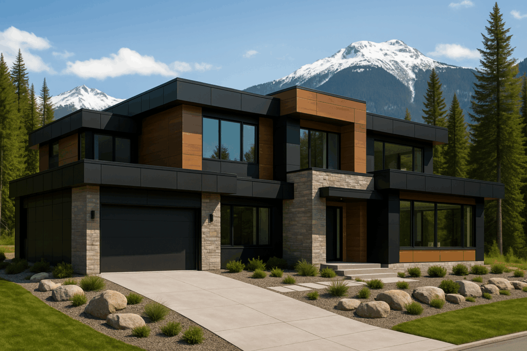 Luxury steel-framed custom home in Whistler with stone and wood finishes – Steel Home Builders in British Columbia