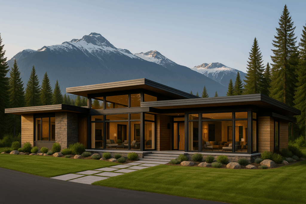 Modern one-story steel-framed home with wood and stone exterior in Whistler – Steel Home Builders in British Columbia