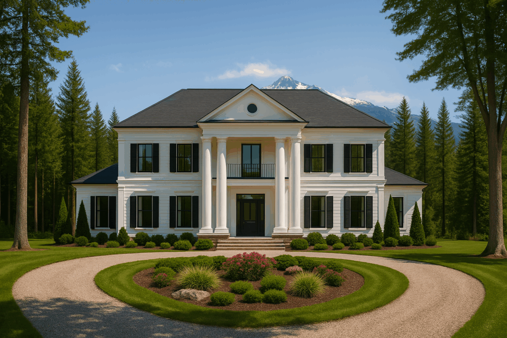 Colonial-style steel-framed custom home in British Columbia with circular driveway – Steel Home Builders in British Columbia