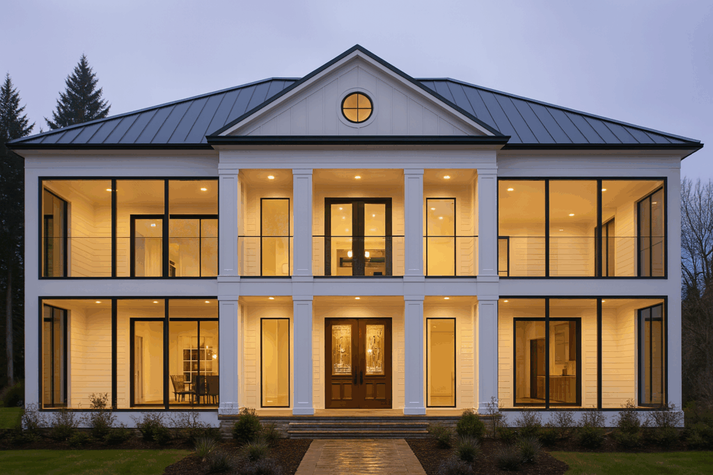 Luxury steel-framed colonial home in British Columbia with modern glass balcony – Steel Home Builders in British Columbia