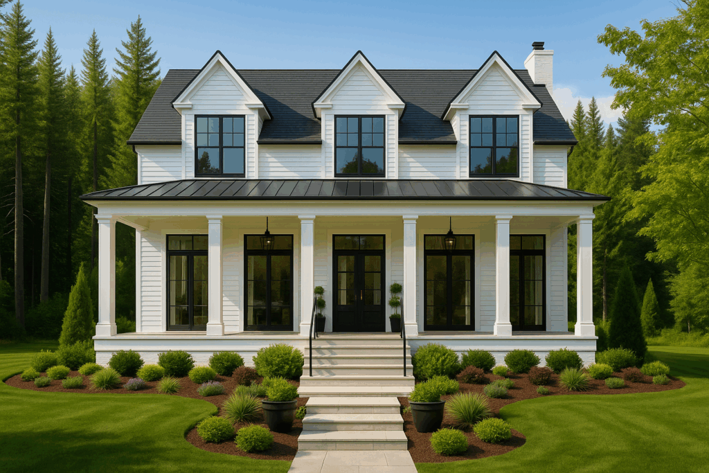 Classic farmhouse-style steel home in British Columbia with black windows and metal roof – Steel Home Builders in British Columbia