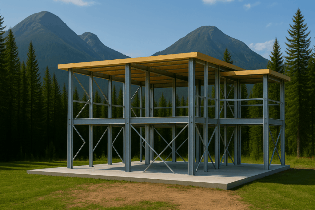 Steel-framed home under construction in British Columbia with engineered foundation – Steel Home Builders in British Columbia