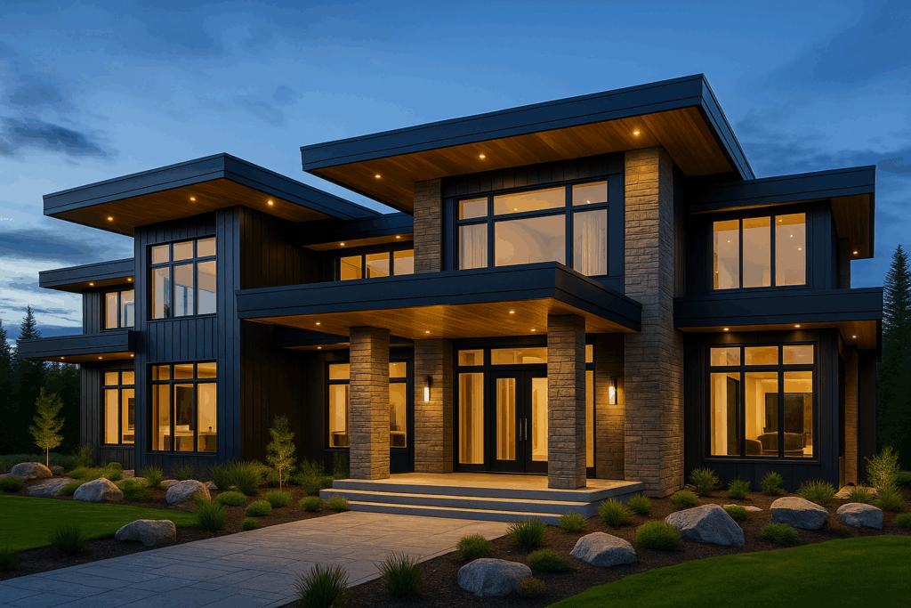 Modern luxury steel home illuminated at dusk in British Columbia – Steel Home Builders in British Columbia