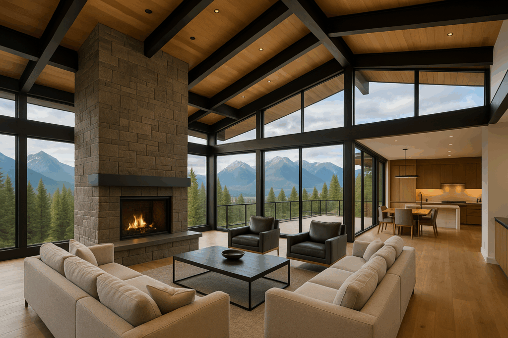 Luxury steel-framed mountain home interior in British Columbia with panoramic glass walls – Steel Home Builders in British Columbia