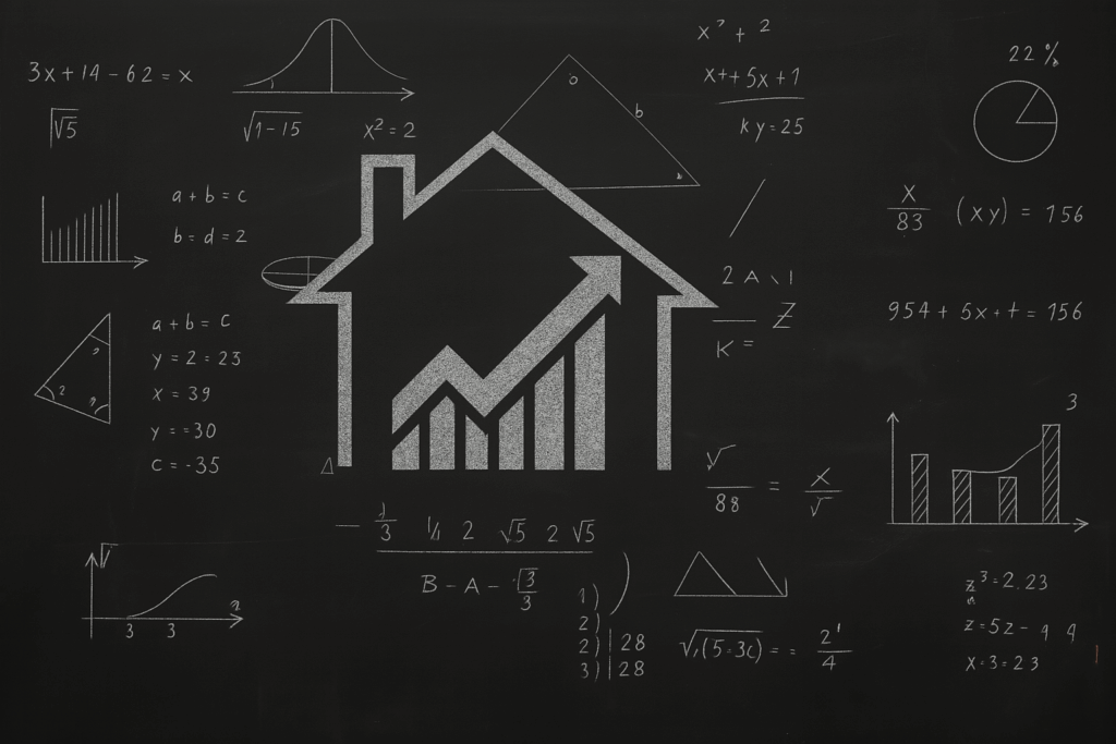 Home value and construction cost formula concept with chalkboard math diagrams – Steel Custom Home Builders in British Columbia