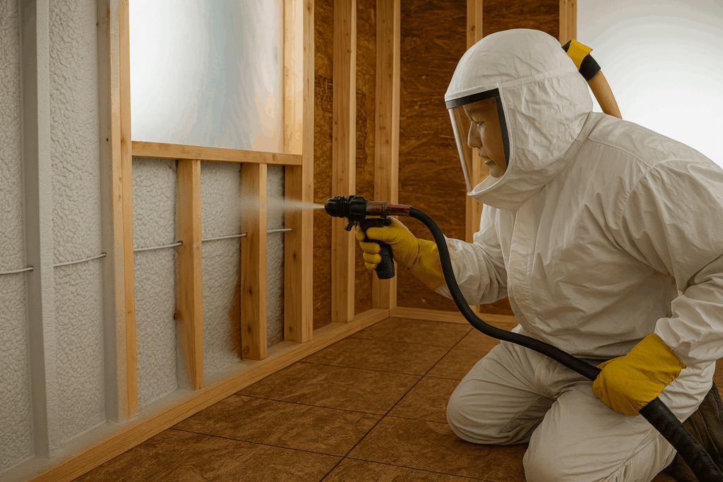 Spray foam insulation being applied inside a residential wall cavity during steel-framed home construction – Steel Home Builders in British Columbia