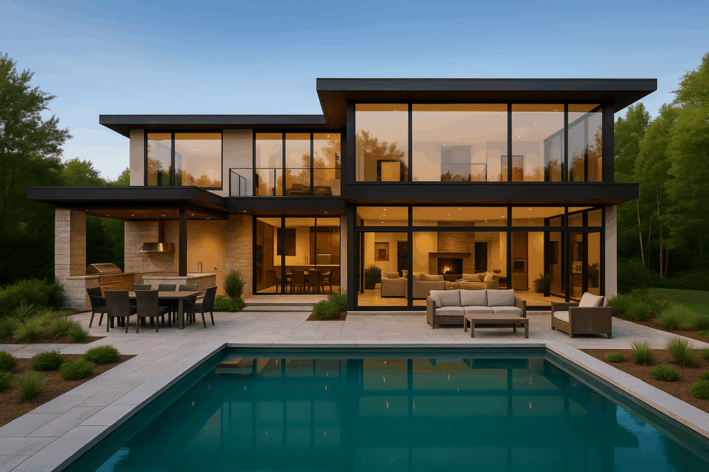 Modern luxury steel-framed home with pool built by Steel Home Builders in Ontario.