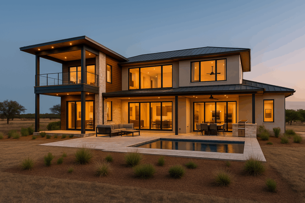 Modern two-storey steel home with pool and covered patio by Steel Home Builders in Ontario.
