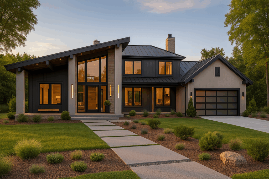 Modern steel-framed home with sloped roof and glass garage by Steel Home Builders in Ontario.