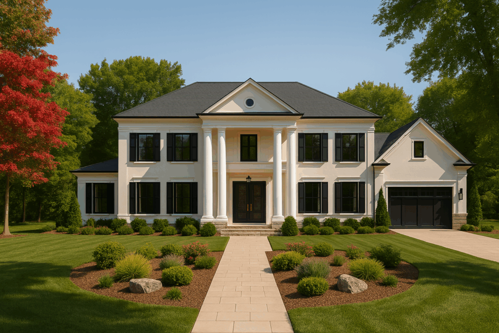 Luxury colonial-style steel home with black accents built by Steel Home Builders in Ontario.