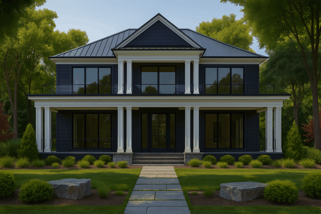 Modern colonial-style black steel home built by Steel Home Builders in Ontario.