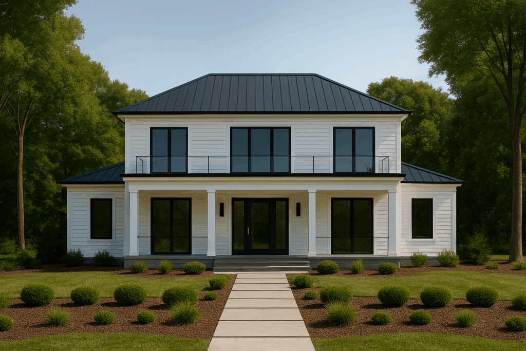 Modern white steel farmhouse built by Steel Home Builders in Ontario with black trim and balcony.